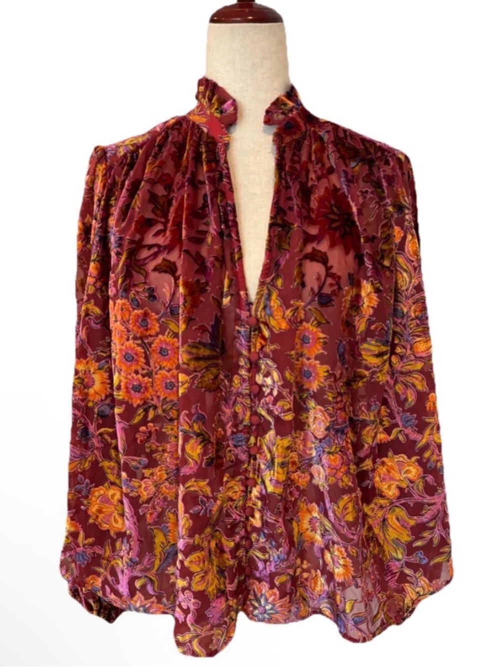 Anthropologie Floral Velvet Burnout Top Blouse Multicolor Boho Fairy Women’s XL